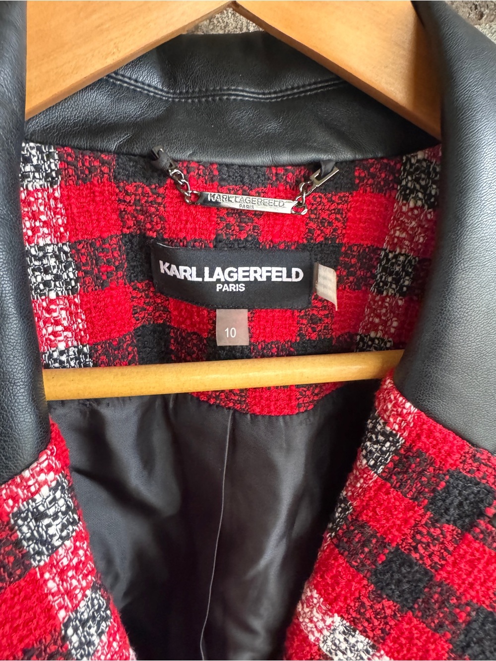 Karl Lagerfeld Paris Plaid Faux Leather Trim Long Blazer Jacket Size 10 - Picture 5 of 16